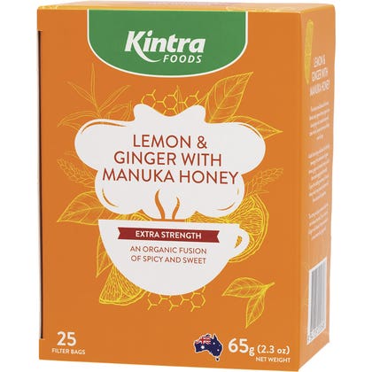 Kintra Foods Herbal Tea Bags 25pk, Lemon & Ginger with Manuka Honey
