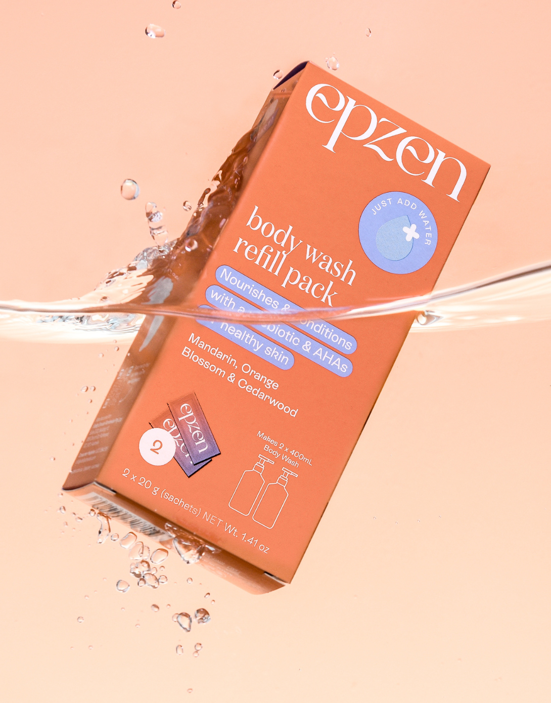 EpZen Powder To Gel Body Wash Refill Pack 2x20g, Mandarin, Orange Blossom & Cedarwood