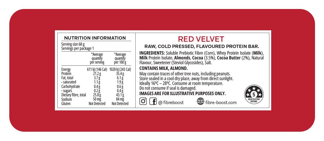 Fibre Boost Cold Pressed Protein Bar Single or Box of 12, Red Velvet