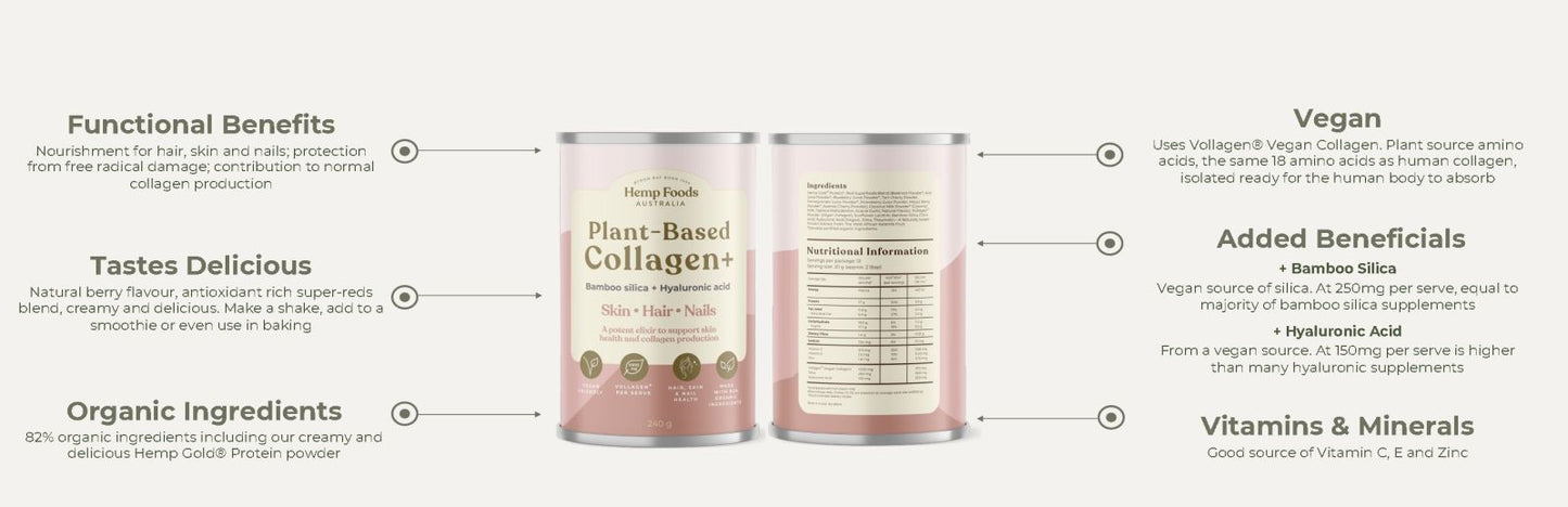 Hemp Foods Australia Plant Based Collagen+ 240g, Berry Flavour