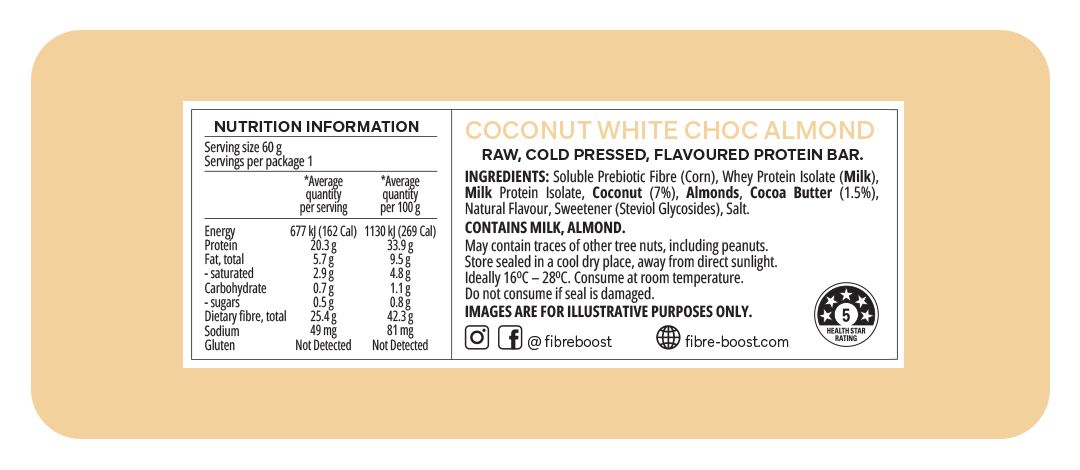 Fibre Boost Cold Pressed Protein Bar Single or Box of 12, Coconut White Choc Almond