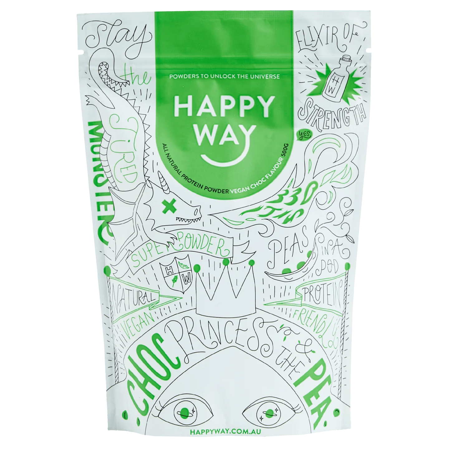 Happy Way Vegan Pea Protein Powder 60g Or 500g, Choc Pea Princess