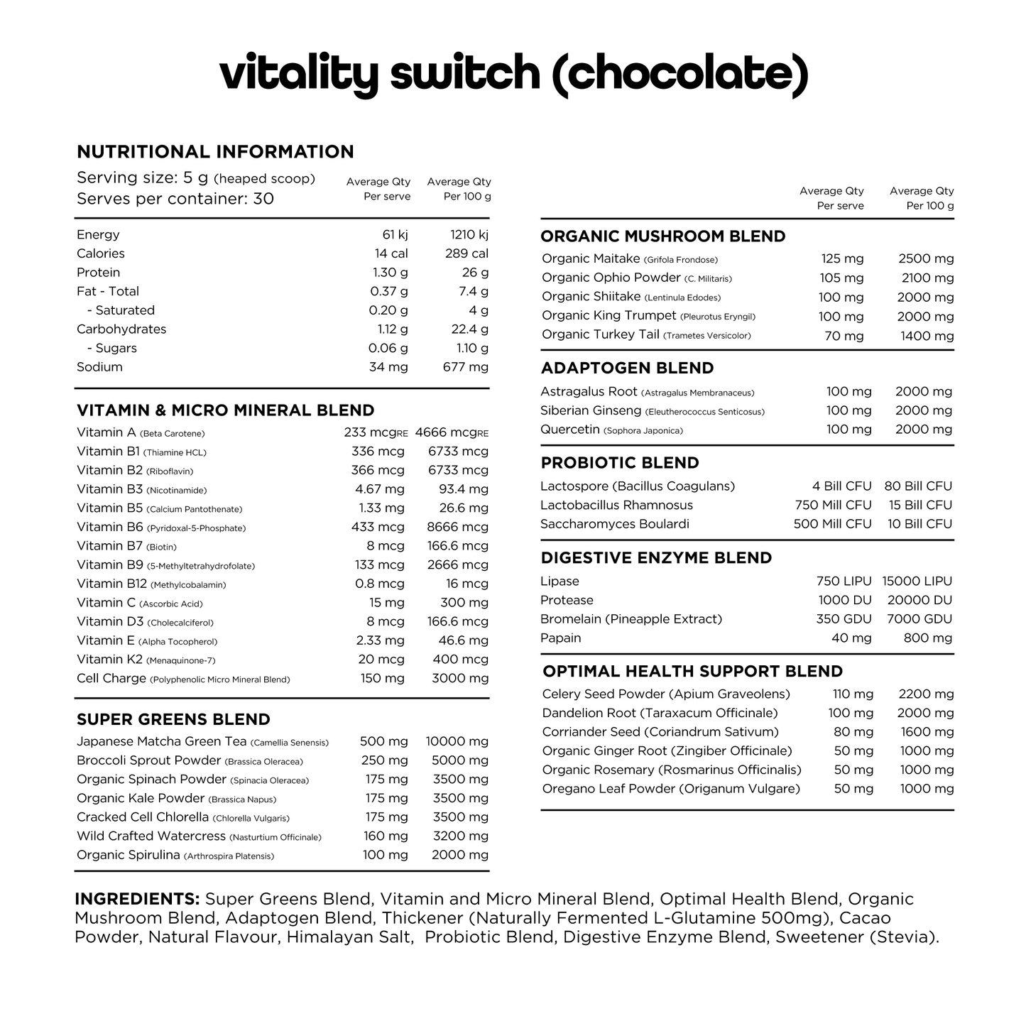 Switch Nutrition Vitality Switch 150g, Chocolate {Revitalising Super Greens Powder}