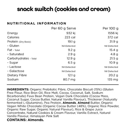 Switch Nutrition Snack Switch 60g, Cookies & Cream {Natural, Plant Based, Wholefood Bar}