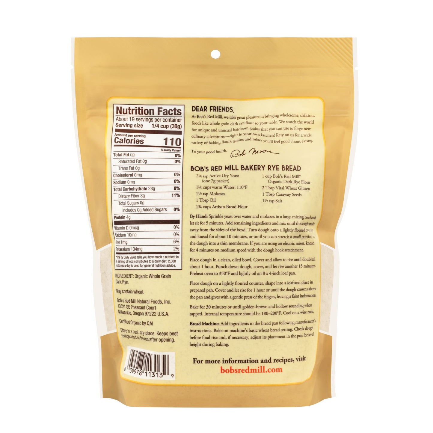Bob's Red Mill Dark Rye Flour 567g, Certified Organic & Non GMO