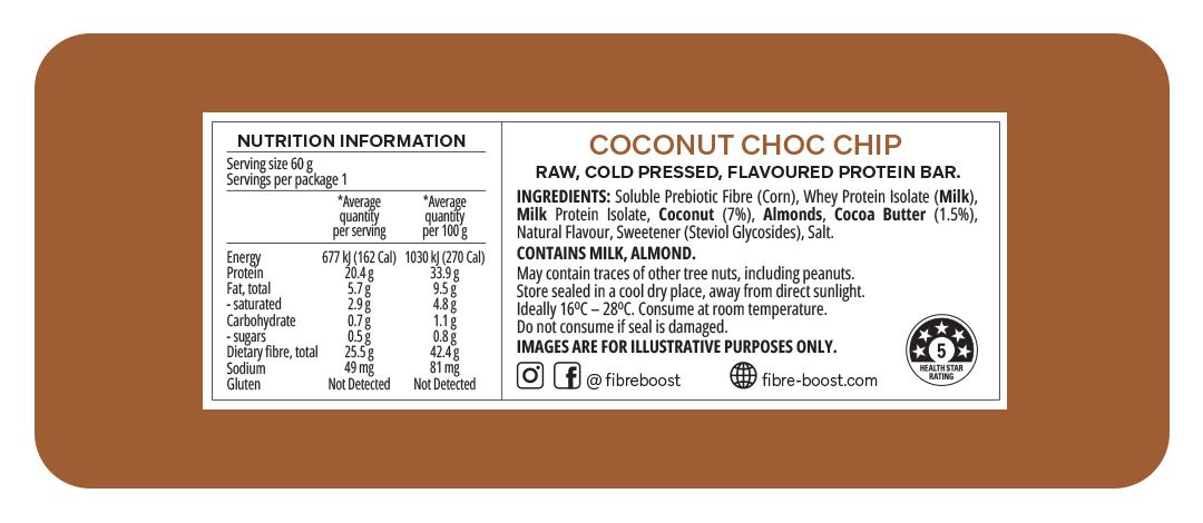 Fibre Boost Cold Pressed Protein Bar Single or Box of 12, Coconut Choc Chip