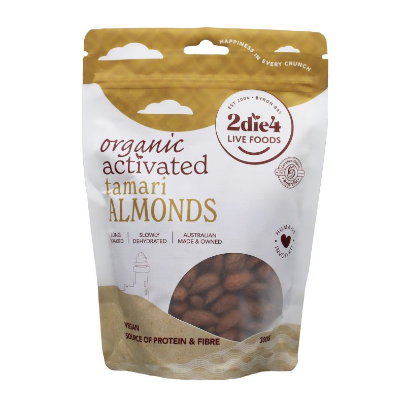 2Die4 Live Foods Activated & Organic Almonds 120g, 300g & 600g, Tamari Flavour