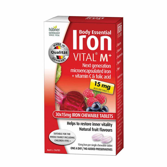 Hubner Silicea Body Essential Iron VITAL M+ Chewable, 30 Tablets {15mg Iron}