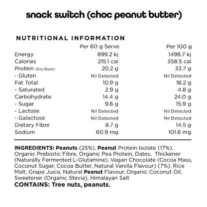 Switch Nutrition Snack Switch 60g, Choc Peanut Butter {Natural, Plant Based, Wholefood Bar}