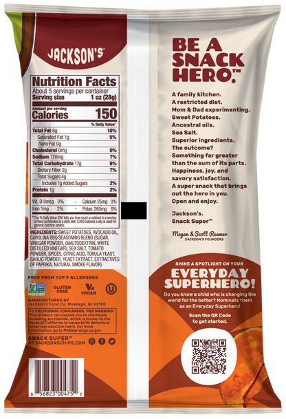 Jackson’s Avocado Oil Sweet Potato Chips 142g, Carolina BBQ Smoke