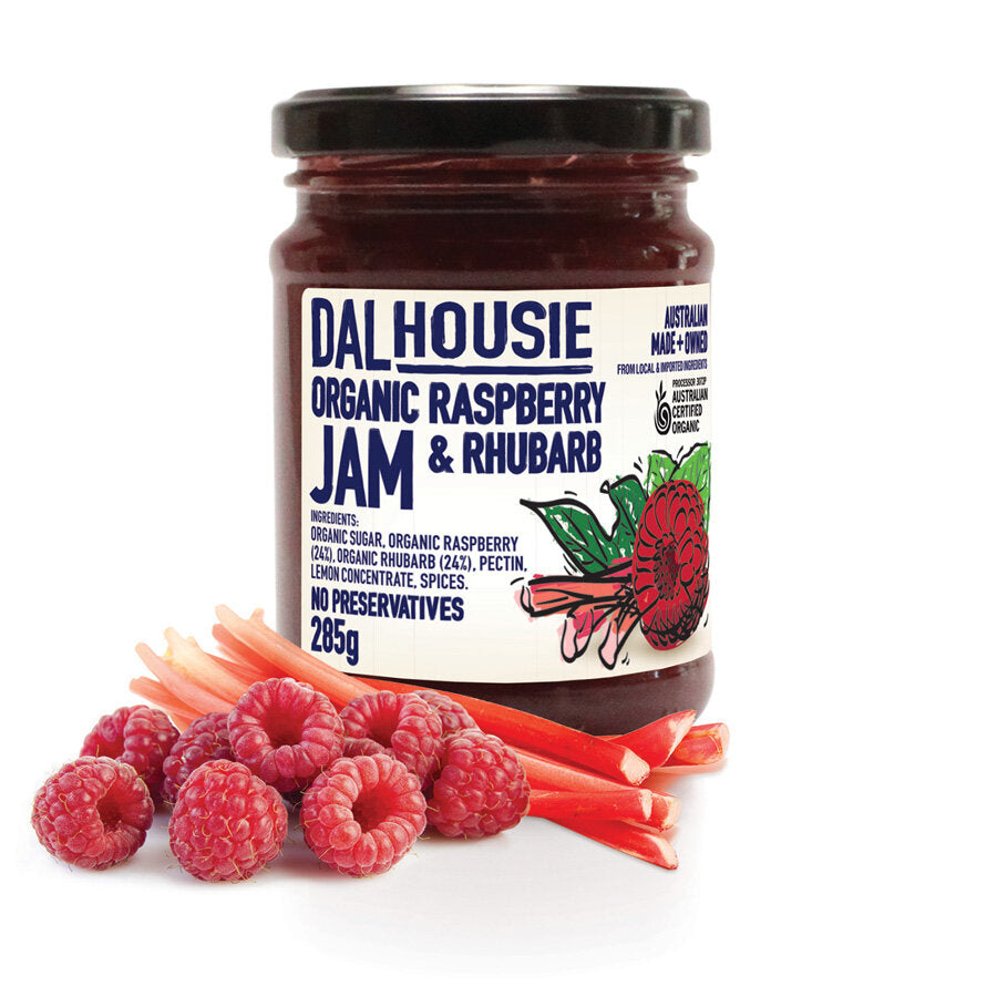 Dalhousie Organic Raspberry & Rhubarb Jam 285g, No Preservatives Australian Certified Organic