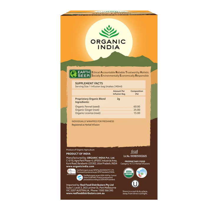 Organic India Certified Organic Spicy Fennel Tea 25 Bags, With Fennel, Ginger & Licorice