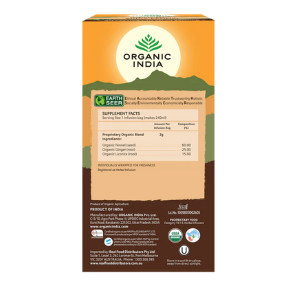 Organic India Certified Organic Spicy Fennel Tea 25 Bags, With Fennel, Ginger & Licorice