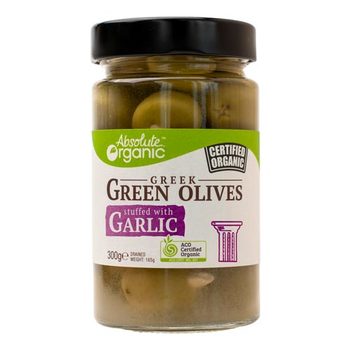 Absolute Organic Green Olives Stuffed With Garlic 300g, Australian Certified Organic