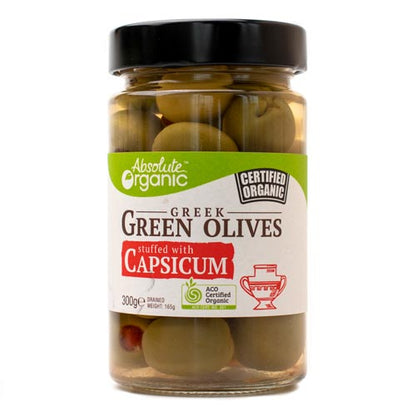 Absolute Organic Green Olives Stuffed With Capsicum 300g, Australian Certified Organic