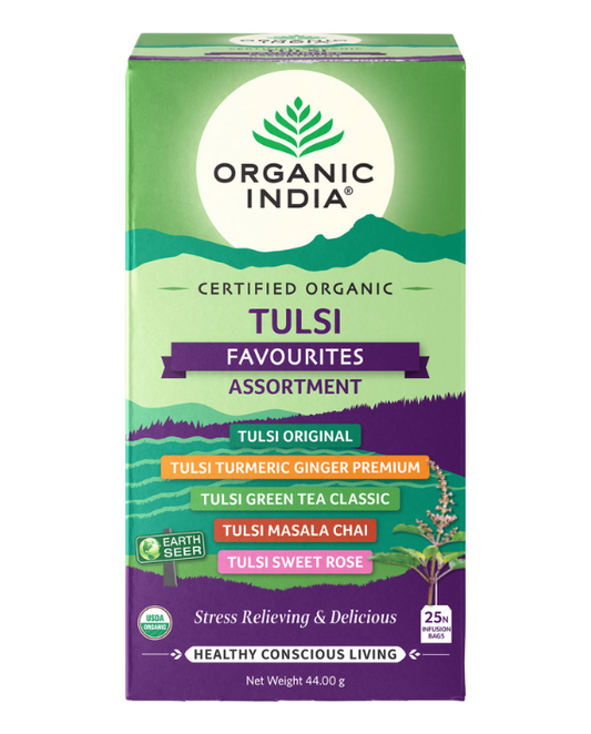 Organic India Wellness Tea Tulsi Favourites Assortment, 25 Herbal Tea Bags; Certified Organic