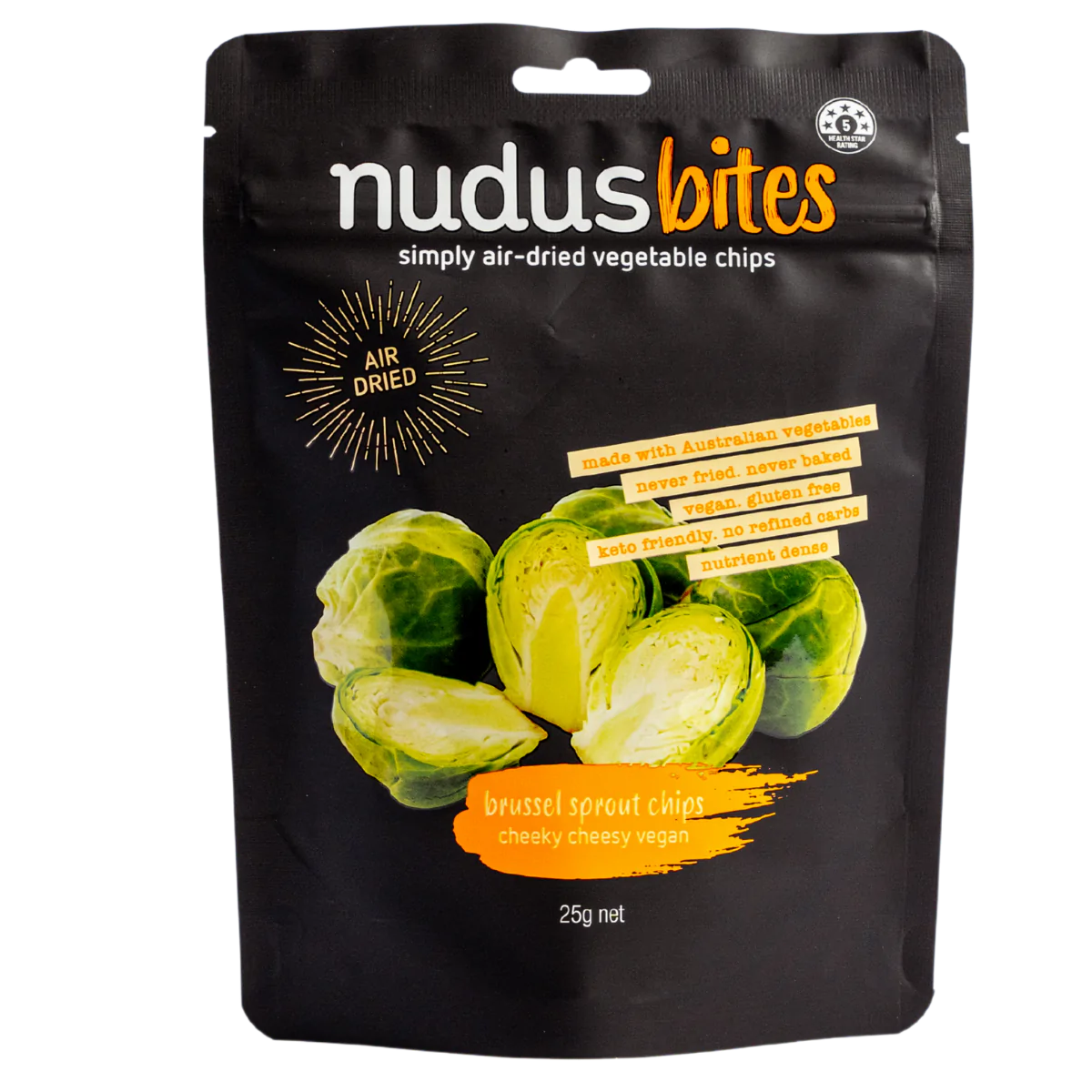 Nudus Bites Vegetable Air Dried Brussel Sprout Chips 20g, Cheeky Cheesy Vegan Flavour