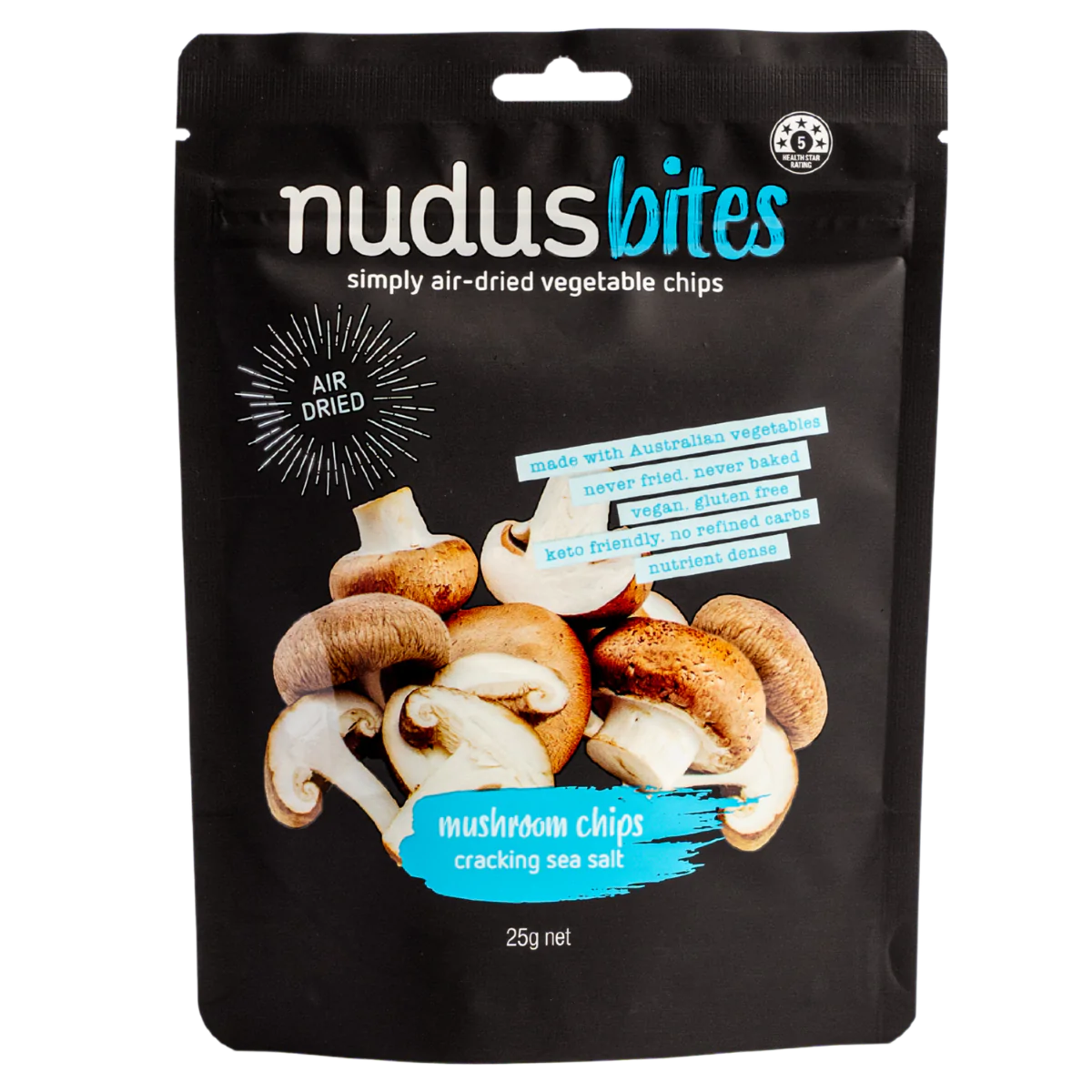 Nudus Bites Vegetable Air Dried Mushroom Chips 20g, Cracking Sea Salt Flavour