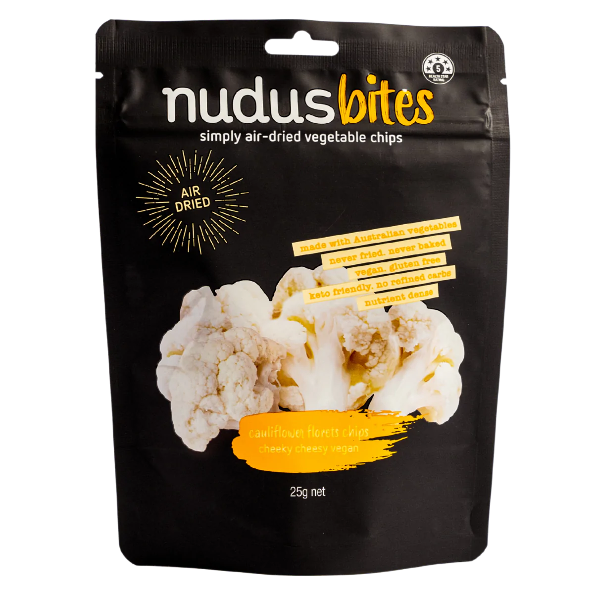 Nudus Bites Vegetable Air Dried Cauliflower Chips 20g, Cheeky Cheesy Vegan Flavour