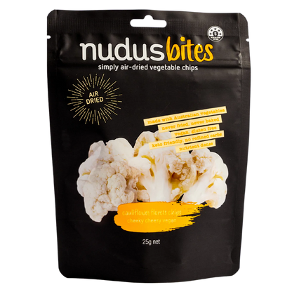 Nudus Bites Vegetable Air Dried Cauliflower Chips 20g, Cheeky Cheesy Vegan Flavour