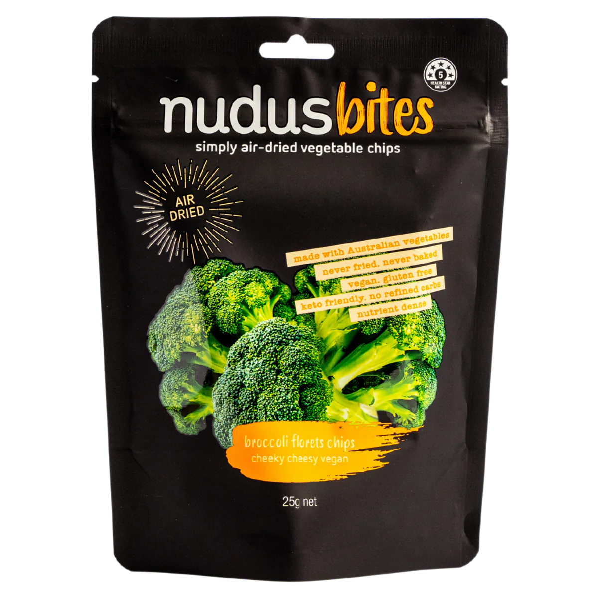Nudus Bites Vegetable Air Dried Broccoli Chips 20g, Cheeky Cheesy Vegan Flavour