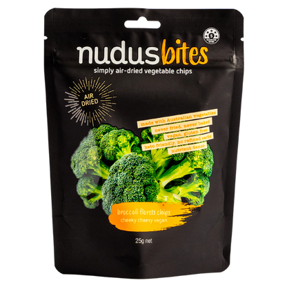 Nudus Bites Vegetable Air Dried Broccoli Chips 20g, Cheeky Cheesy Vegan Flavour