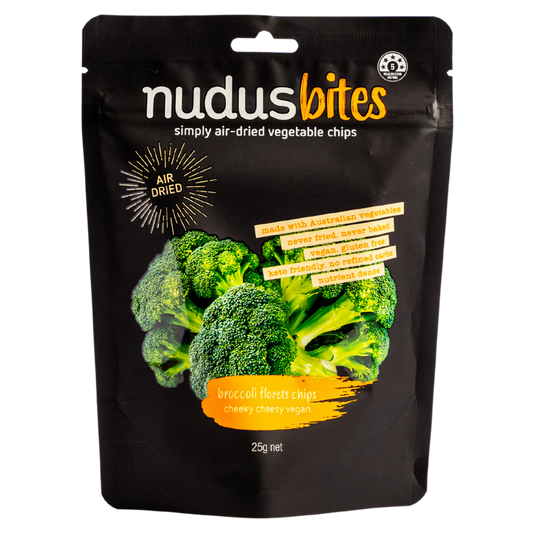 Nudus Bites Vegetable Air Dried Broccoli Chips 20g, Cheeky Cheesy Vegan Flavour