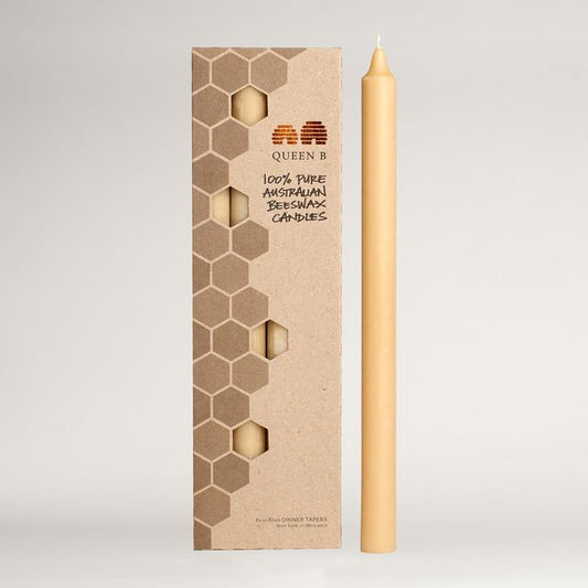 Queen B Pure Australian Beeswax Dinner Tapers 30cm Candles (4), 18 Hours Burn Time