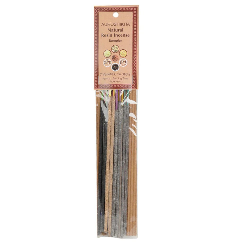 Auroshikha Natural Resin Incense, Sampler Pack; 7 Varieties, 14 Sticks