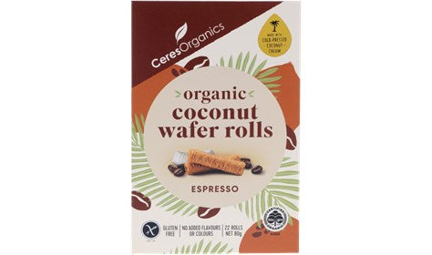 Ceres Organics Coconut Wafer Rolls 80g, Espresso Flavour