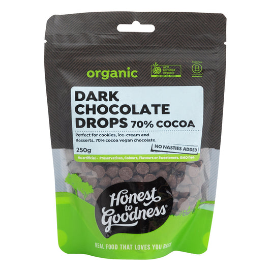 Honest To Goodness Dark Chocolate Drops 70% Cocoa 250g, Australian Certified Organic