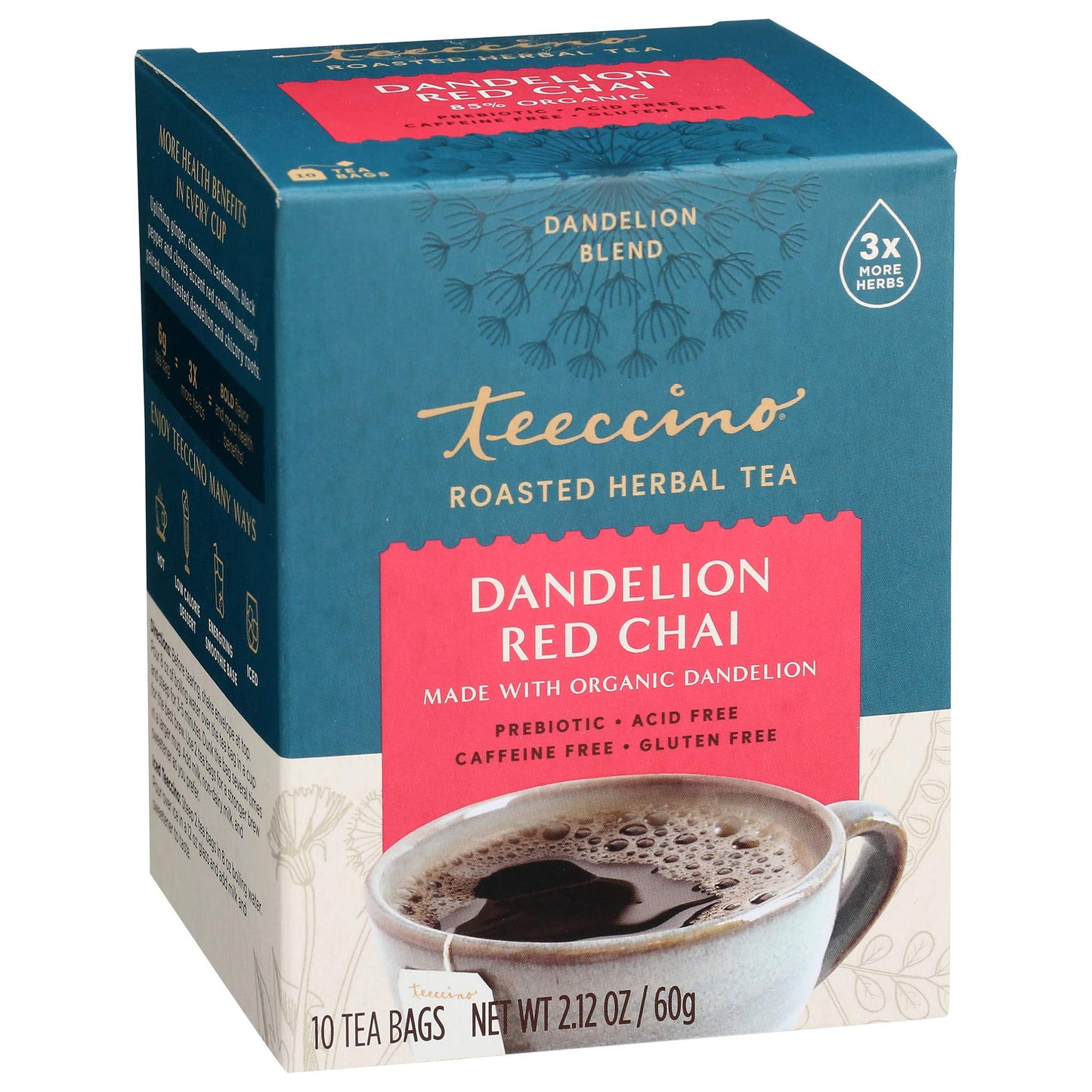 Teeccino Dandelion Herbal Tea 10 Tea Bags, Red Chai Flavour Caffeine-Free