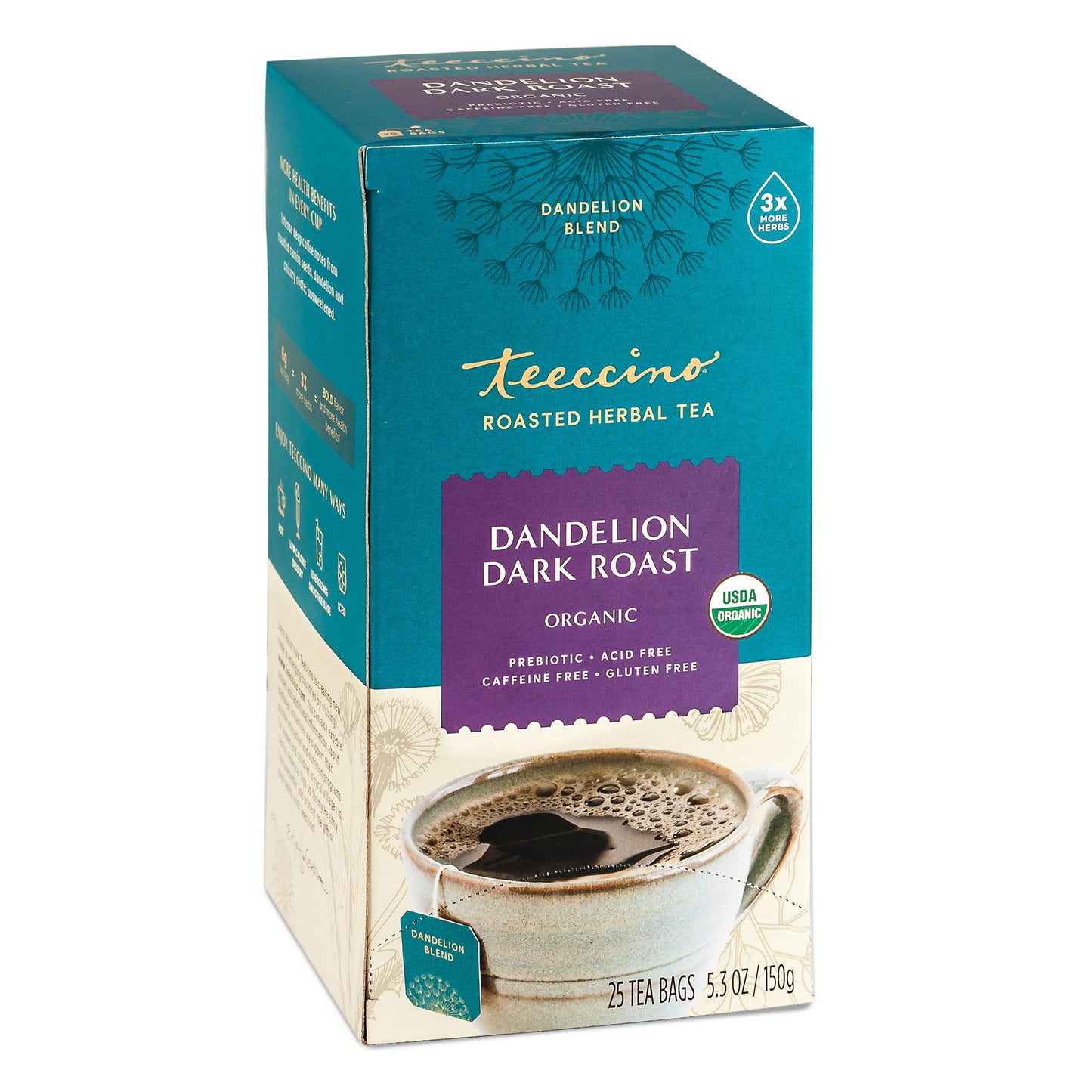 Teeccino Dandelion Herbal Tea 10 Or 25 Tea Bags, Dark Roast Flavour Caffeine-Free