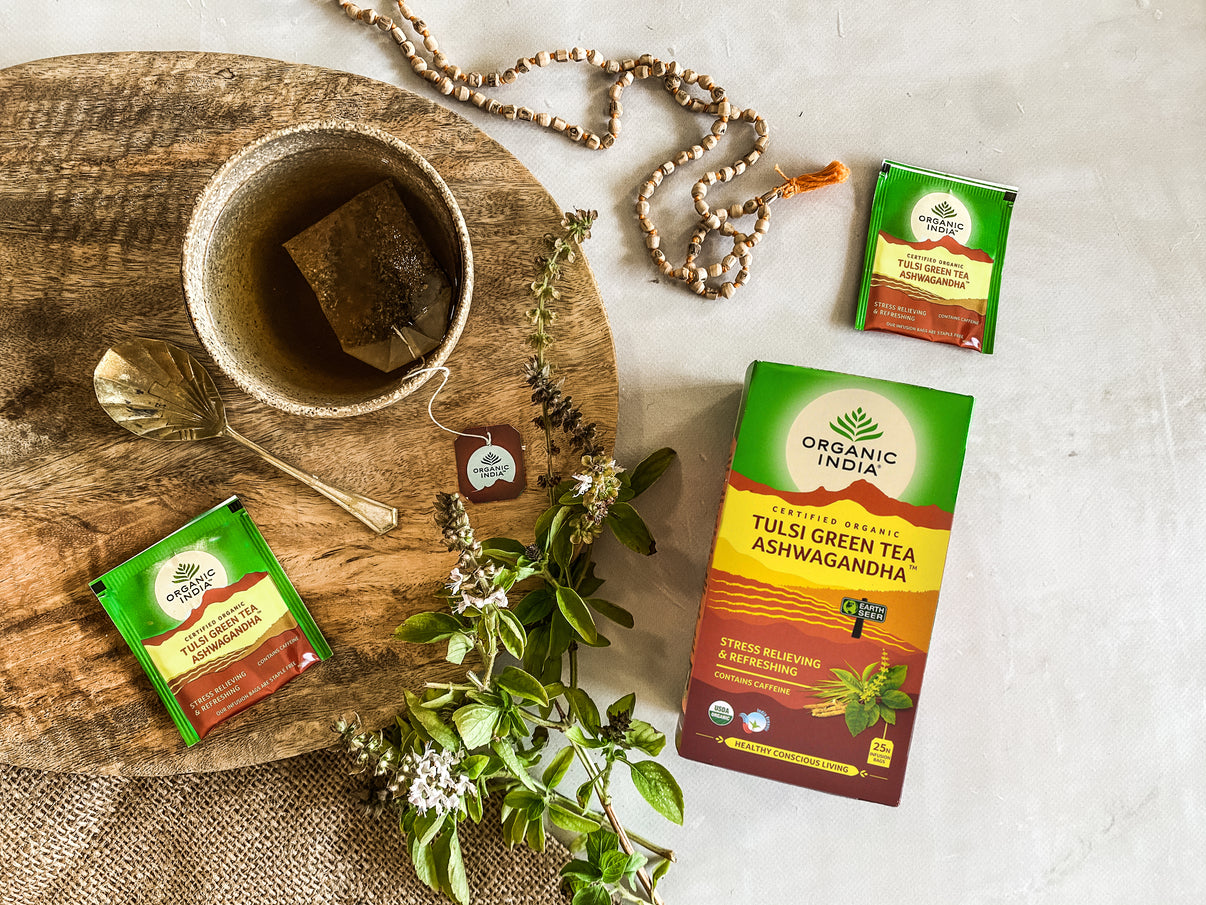 Organic India Wellness Tea Tulsi Ashwagandha, 25 Herbal Tea Bags; Certified Organic