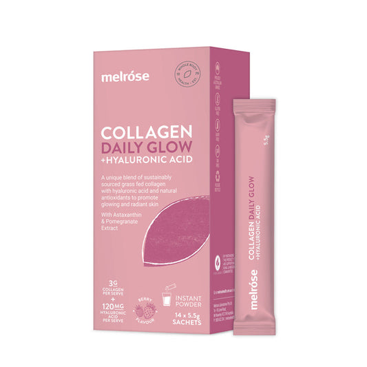 Melrose Organic Collagen Daily Glow & Hyaluronic Acid Instant Powder 14x5.5g Sachets Or 180g, Berry Flavour