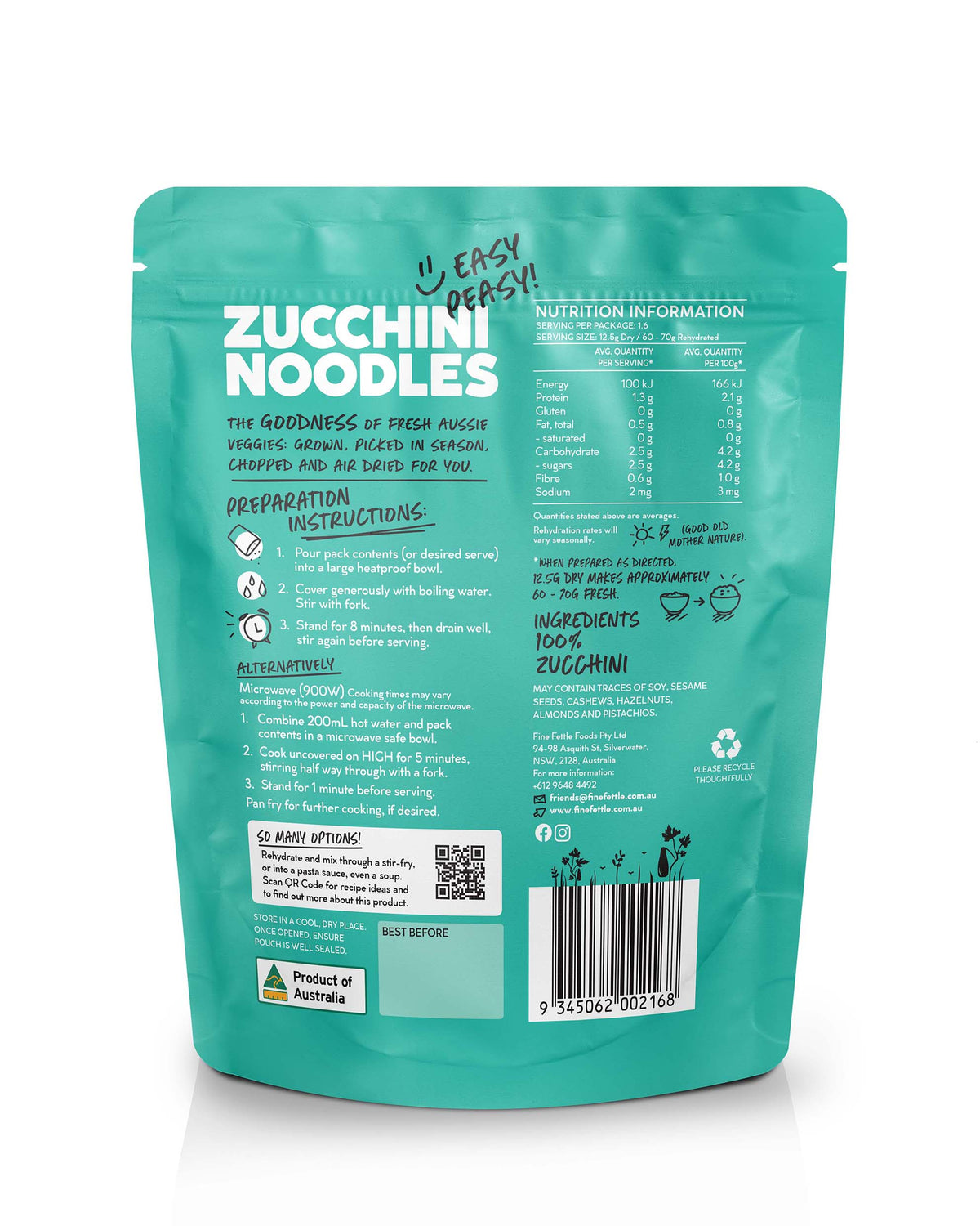 Fine Fettle Zucchini Noodles 20g, Made From 100% Australian Zucchini