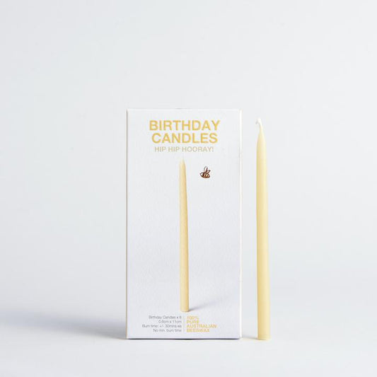Queen B Pure Australian Beeswax Birthday Candles (8 Candles Per Box), 40 Minutes Burn Time
