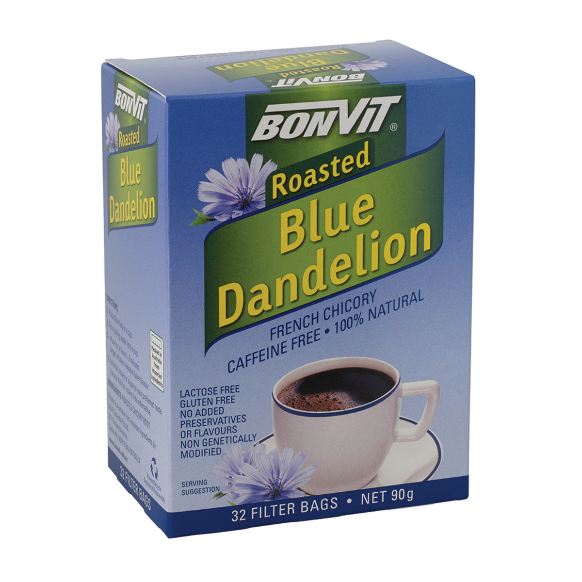 Bonvit Roasted Blue Dandelion French Chicory Tea 32 Filter Tea Bags, Caffeine Free