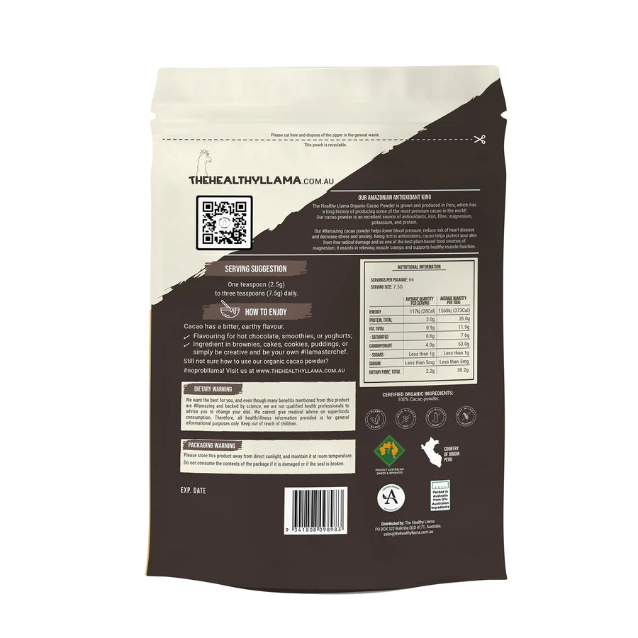 The Healthy Llama Cacao Powder 500g, Our Amazonian Antioxidant King Certified Organic