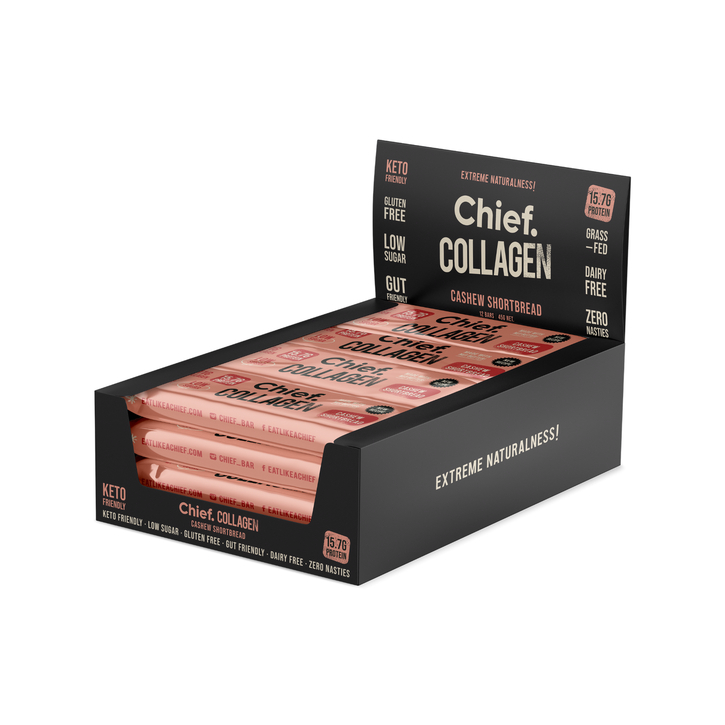 Chief. Collagen Bar Single Bar 45g Or A Box Of 12, Cashew Shortbread Flavour