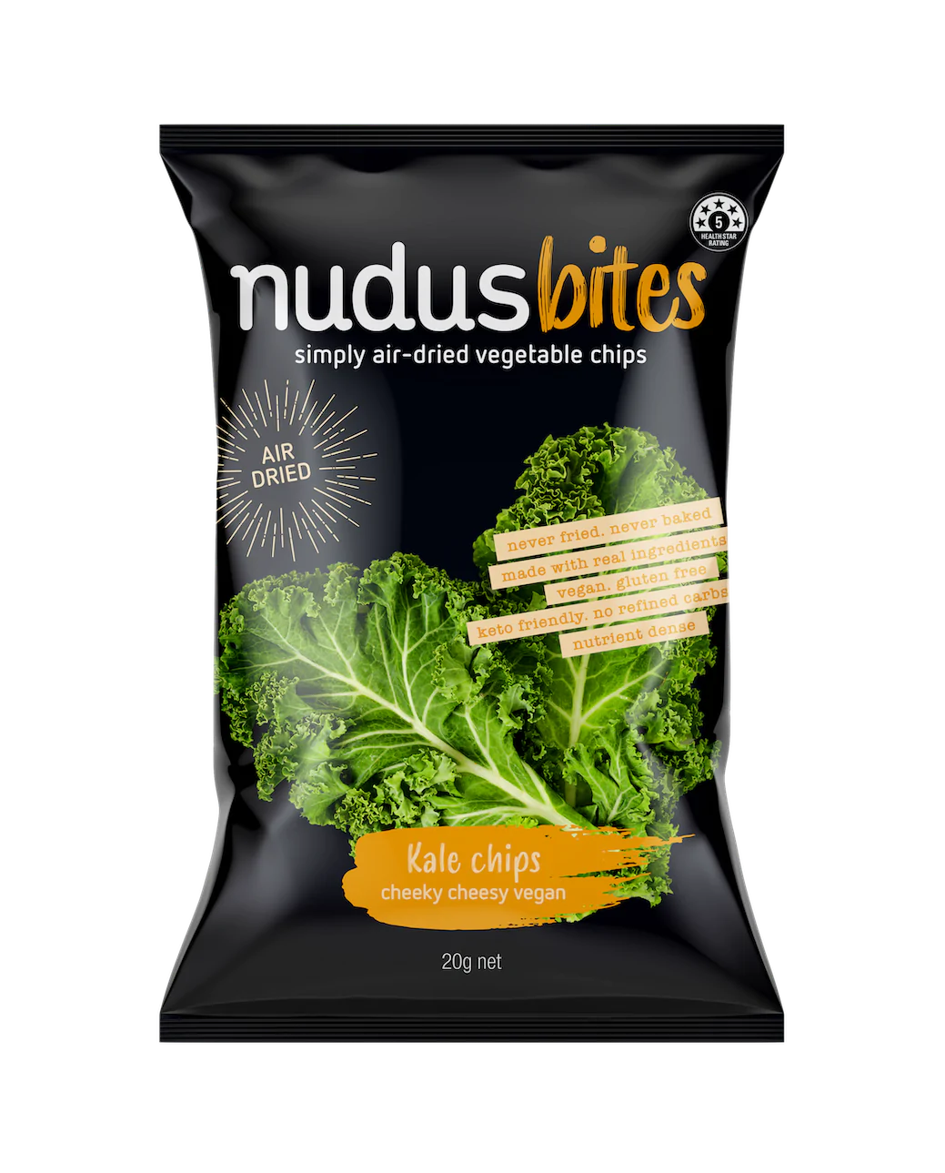 Nudus Bites Vegetable Air Dried Kale Chips 20g, Cheeky Cheesy Vegan Flavour