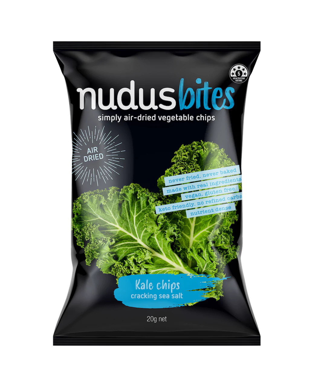 Nudus Bites Vegetable Air Dried Kale Chips 20g, Cracking Sea Salt Flavour