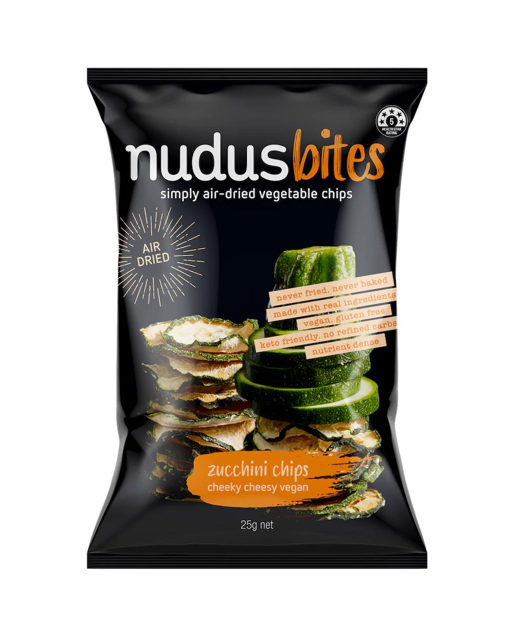 Nudus Bites Vegetable Air Dried Zucchini Chips 20g, Cheeky Cheesy Vegan Flavour