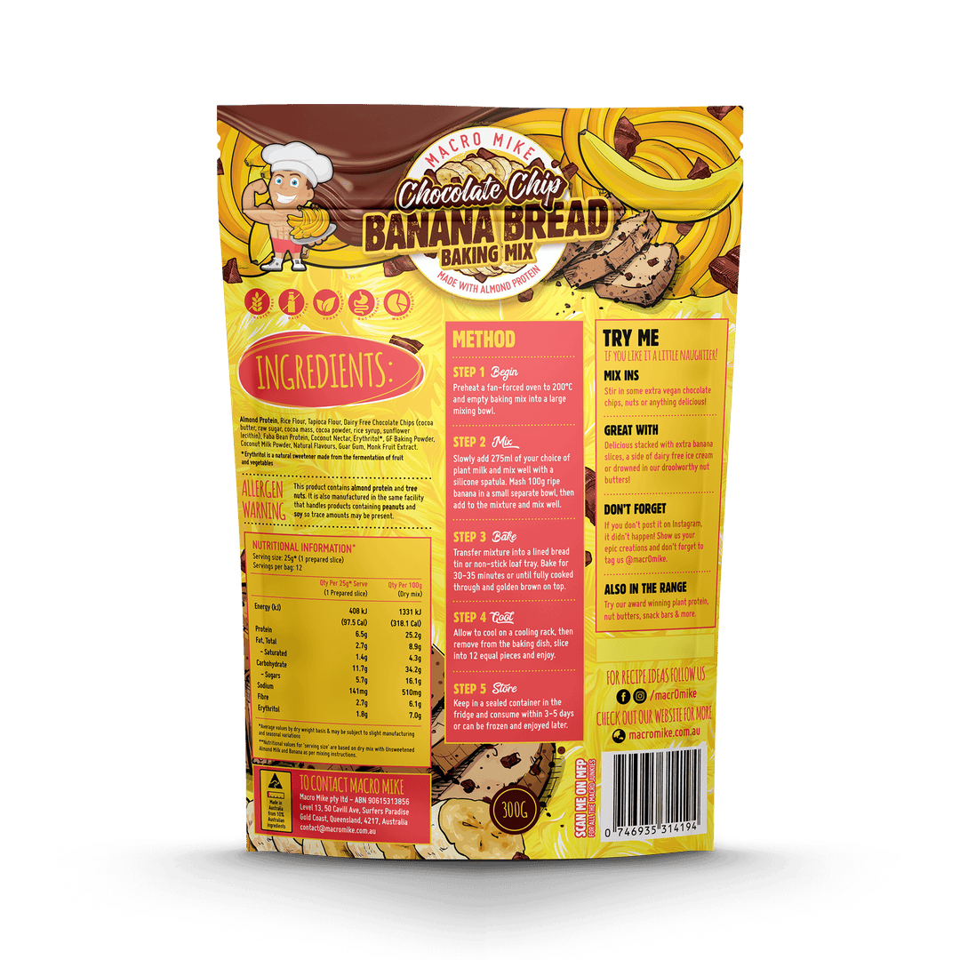 Macro Mike Almond Protein Banana Bread Baking Mix 300g, Choc Chip Flavour