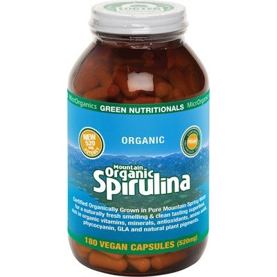 Green Nutritionals Mountain Organic Spirulina Vegan Capsules (520mg), 60 Or 180 Capsules; Nature's Richest Whole-Food Source Of Iron