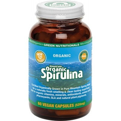 Green Nutritionals Mountain Organic Spirulina Vegan Capsules (520mg), 60 Or 180 Capsules; Nature's Richest Whole-Food Source Of Iron