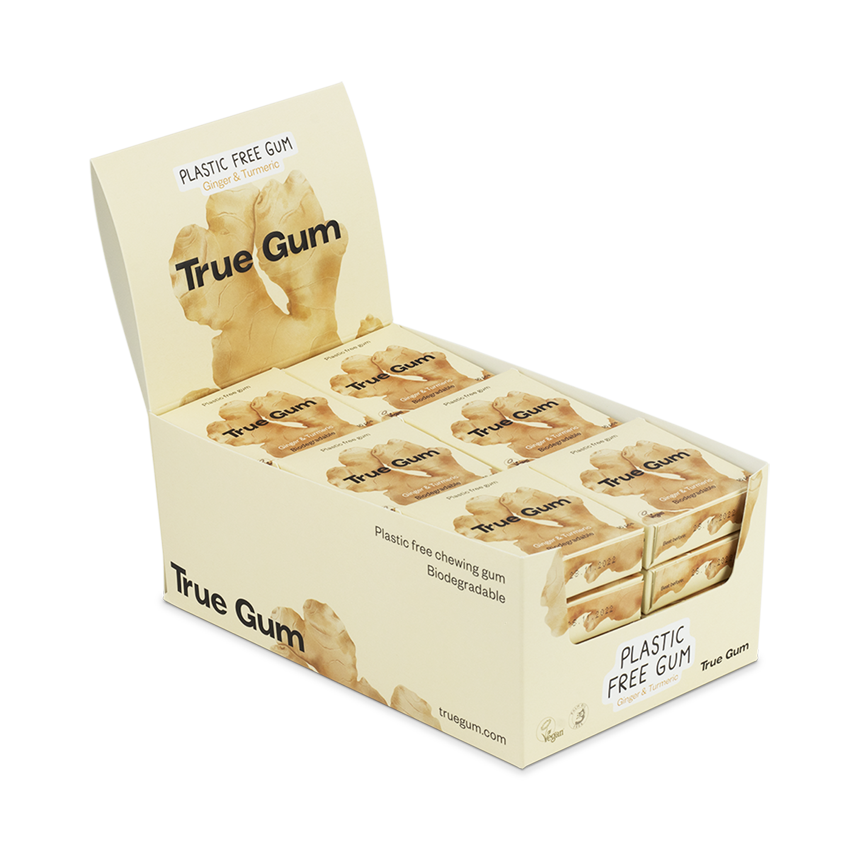 True Gum Sugar Free Gum, Single Pack (21g) Or A Box Of 24, Ginger & Turmeric Flavour Plastic Free Packaging