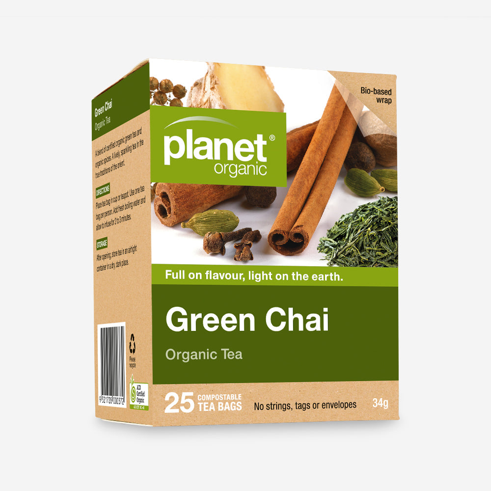 Planet Organic Green Tea 25 Tea Bags, Green Chai Blend; A Lively Traditional Blend