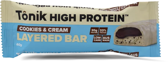 Tonik High Protein Layered Bar 60g Single Bar Or a Box Of 12 Bars, 20g Protein Per Bar Cookies & Cream Flavour