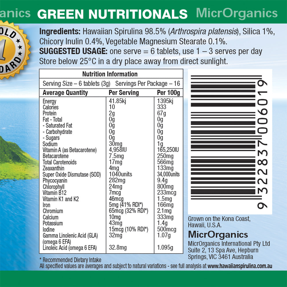 Green Nutritionals Hawaiian Pacifica Spirulina Tablets (500mg), 100, 200, 500 Or 1000 Tablets; For Energy & Cell Regeneration